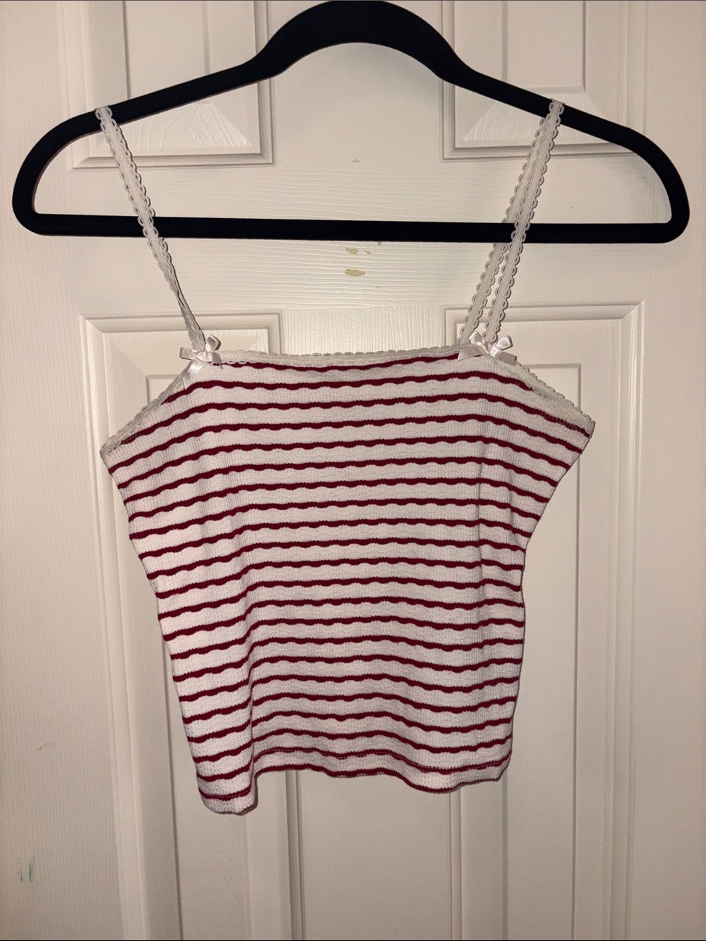 American Eagle Outfitters Red and White Striped Lace-Trim Cami